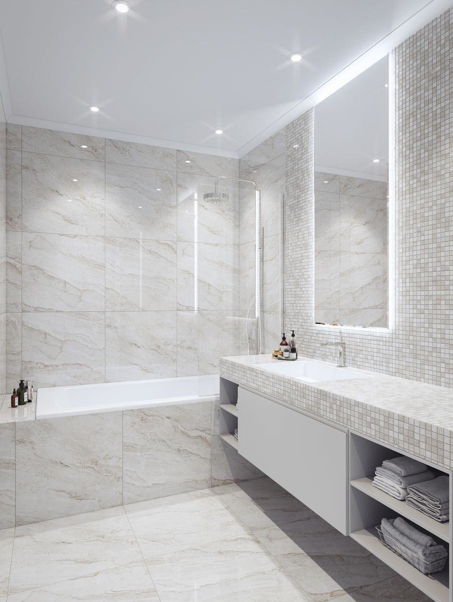 Дизайн ванной в керамограните под мрамор (70 фото)