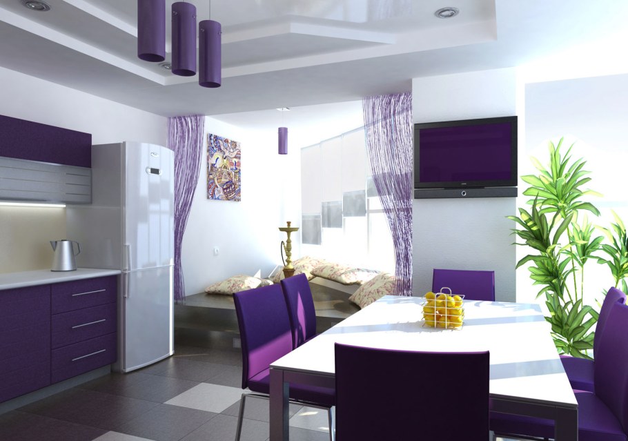 Фиолетовая кухня в интерьере