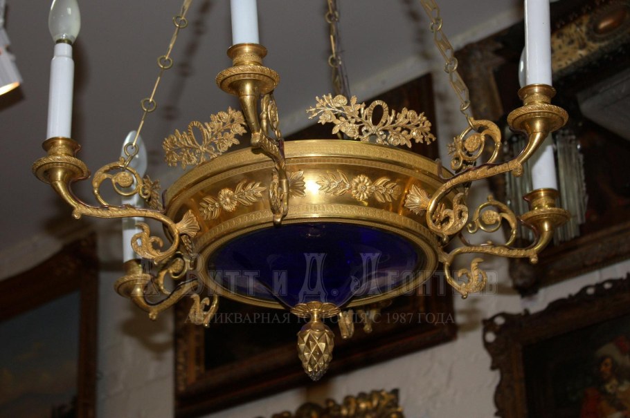 Люстра Ампир антикварная с синим стеклом