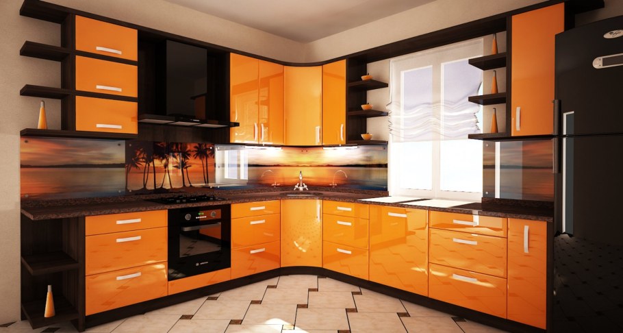 Кухня оранжевая с коричневым