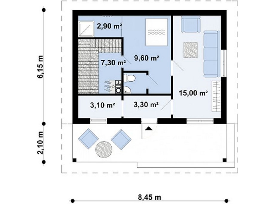 Проект бани с террасой из пеноблоков 6х6