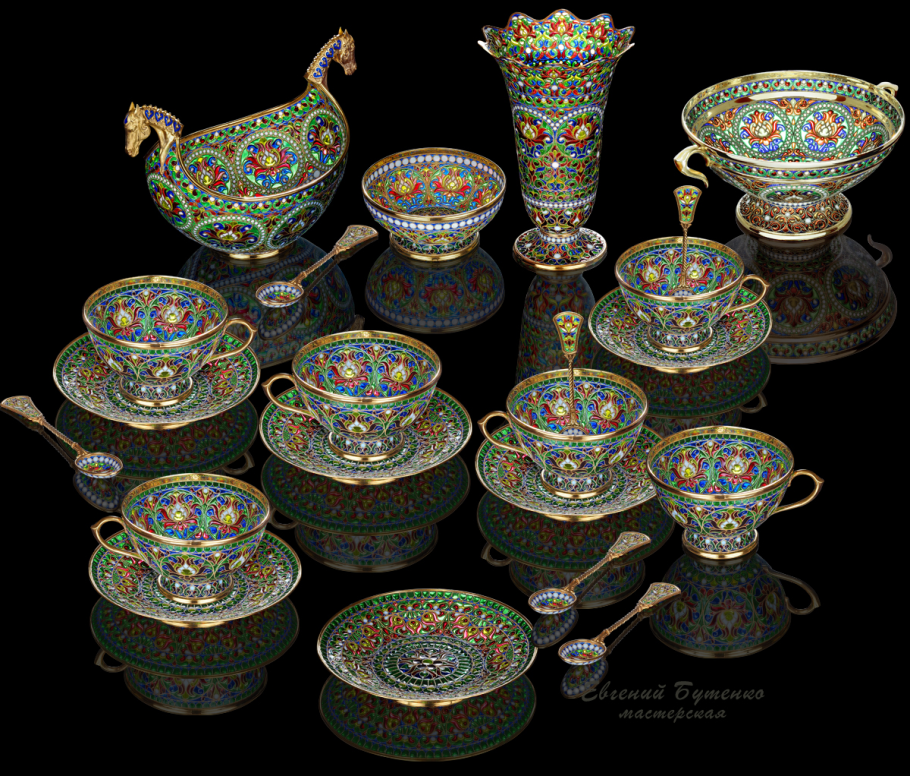 Чайный сервиз Овчинников серебро эмаль