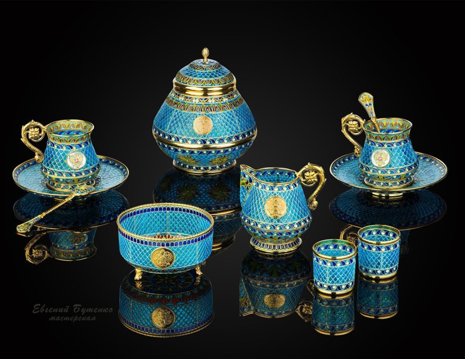 Серебро русские Самоцветы кофейный сервиз эмаль