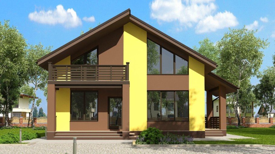 Двухэтажный дом со скошенной крышей