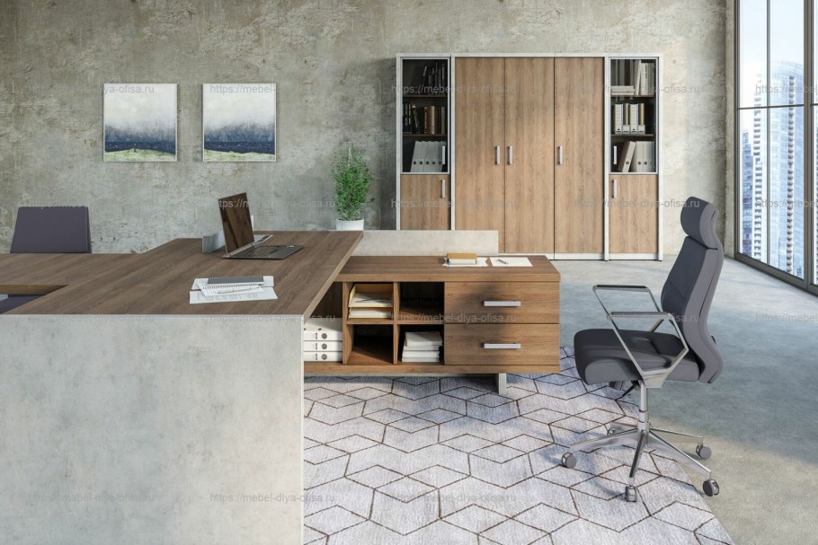 Стол для руководителя 2200x1996x840 левый / дуб Чарльстон / бетон Чикаго