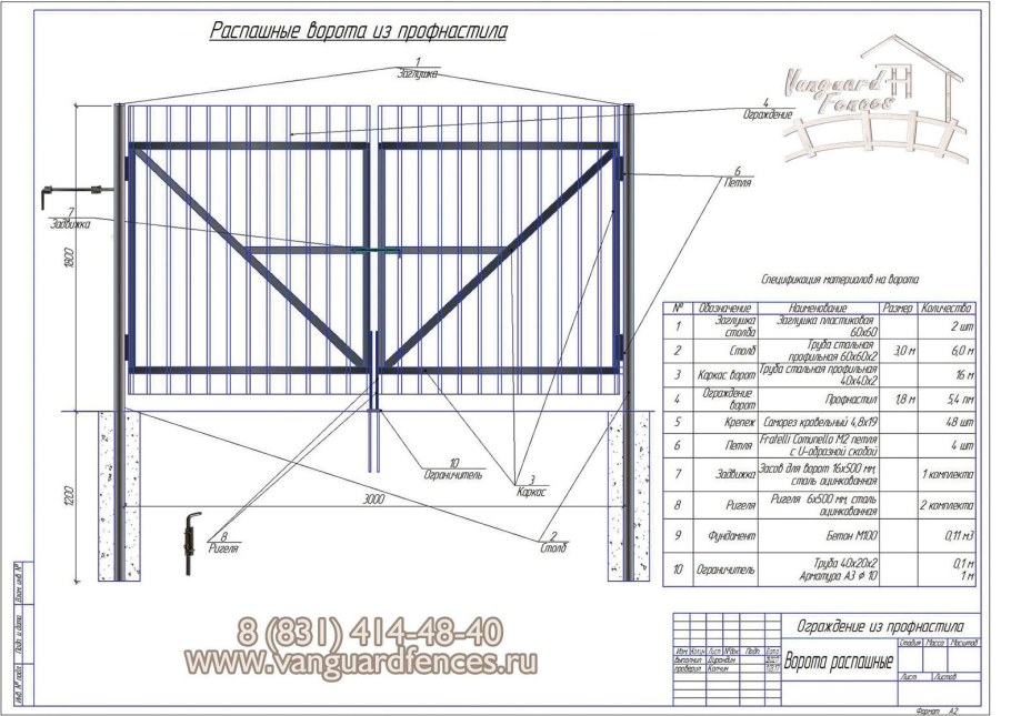 Чертеж забора с воротами и калиткой