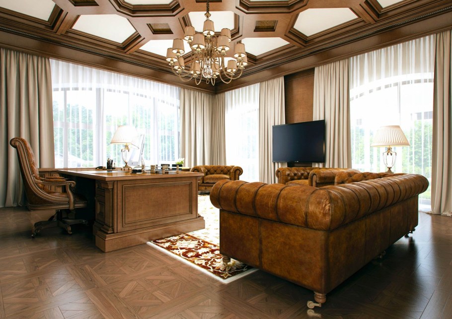 Кессонный потолок в интерьере кабинета
