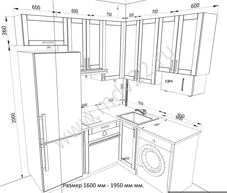 Чертежи кухонных гарнитуров угловых с размерами в хрущевке ,1600-2000мм