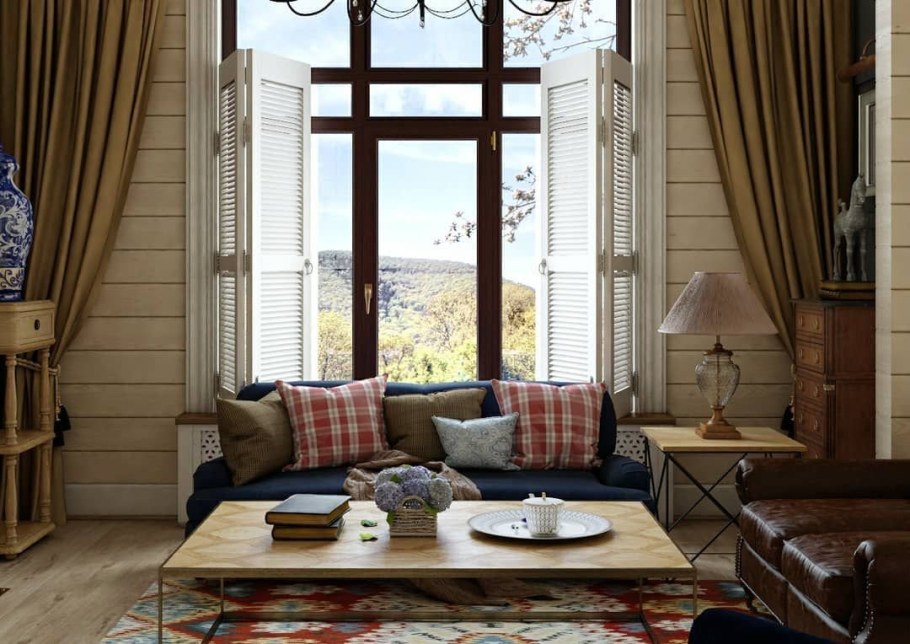 Гостиная в стиле Кантри в деревянном доме