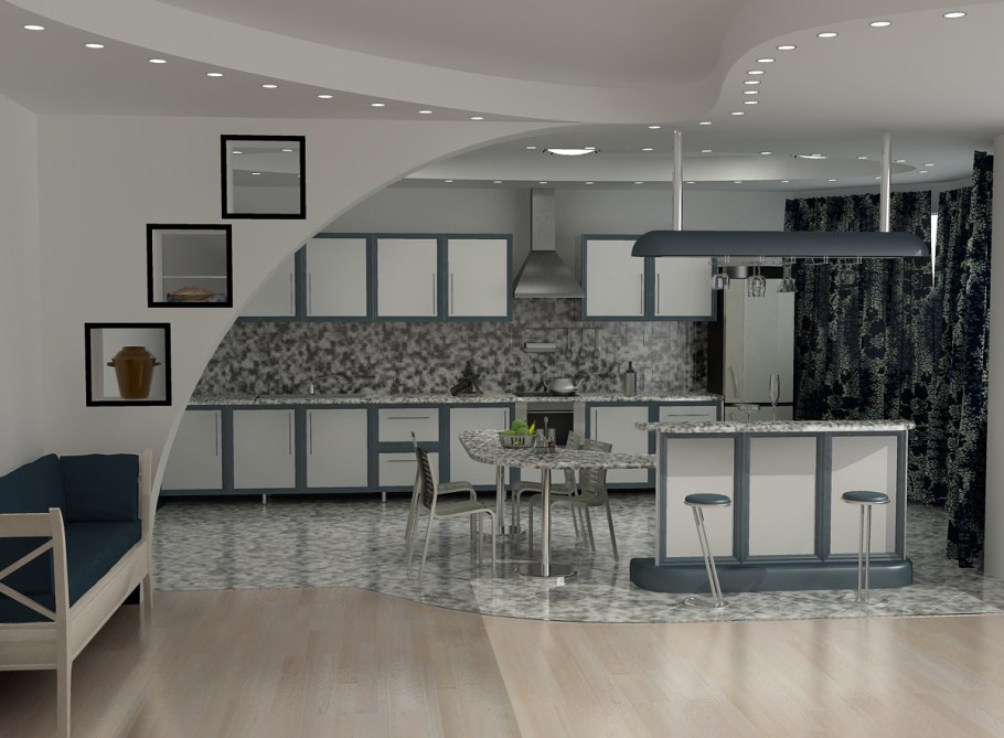 Объединенная кухня с залом барной стойкой