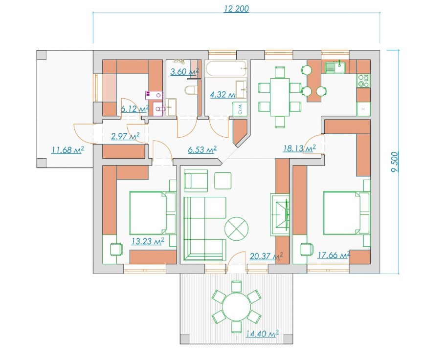 Планировка одноэтажного дома 90 м2