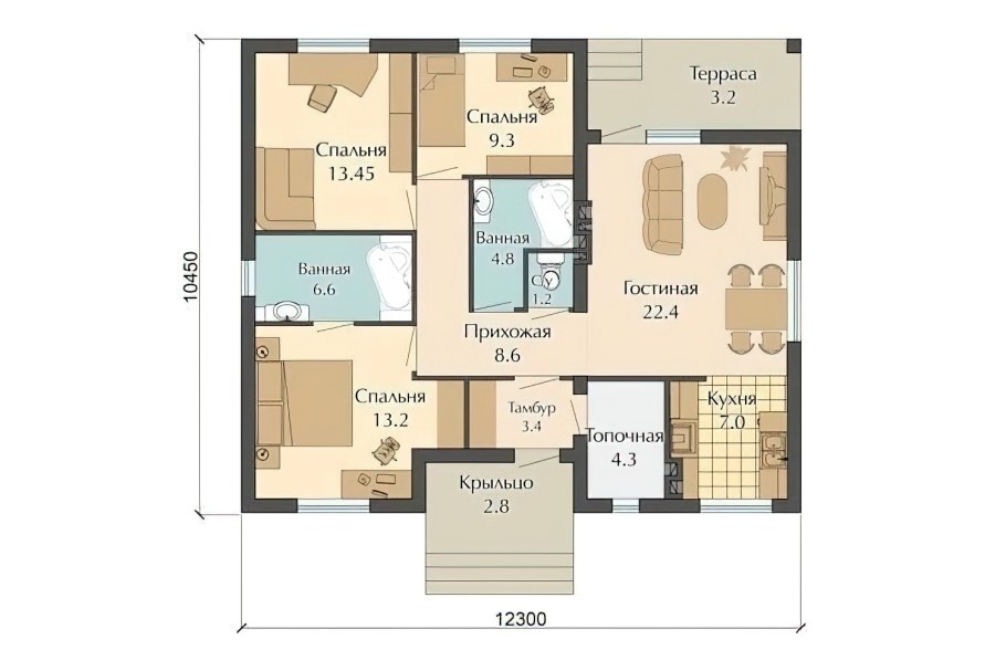 Одноэтажный дом 160м2 планировка с 4 спальнями