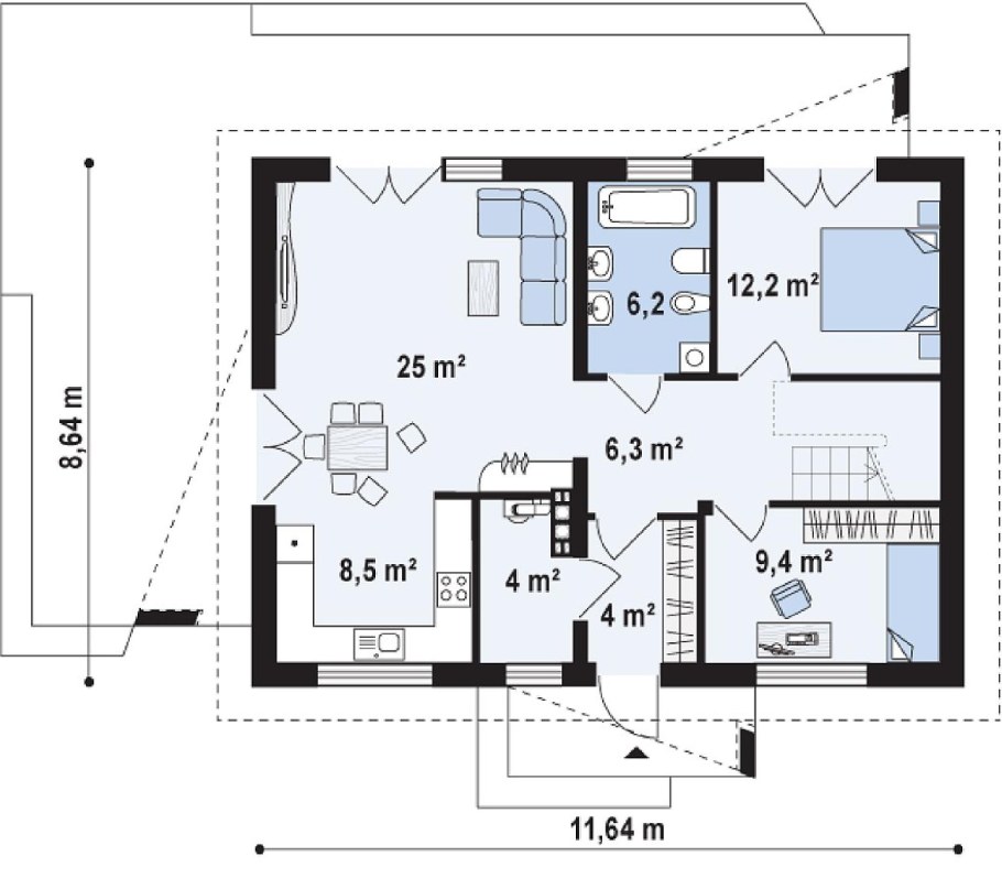 Проект одноэтажного дома с террасой 80 кв м с 2 спальнями