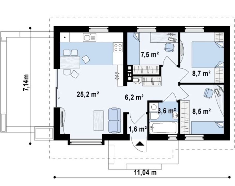 Одноэтажный дом 80кв.м с 2 спальнями