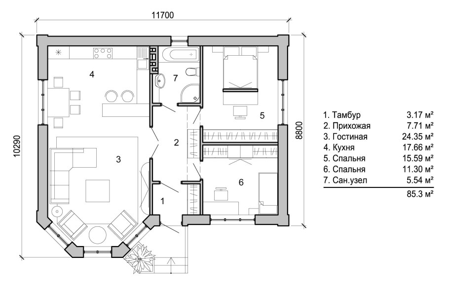 Планировка дома 80 кв.м одноэтажный с 2 спальнями