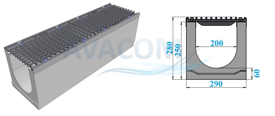 Бетонный лоток dn200 h200 с чугунной решеткой