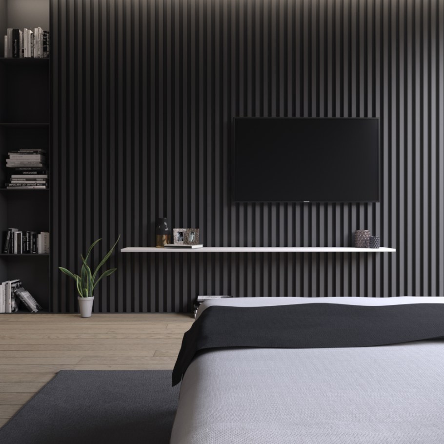 Черная стена с деревянными рейками