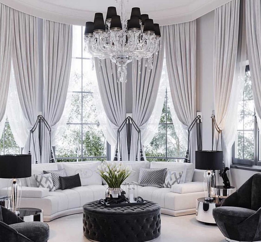 Шторы в эркере для гостиной в современном стиле