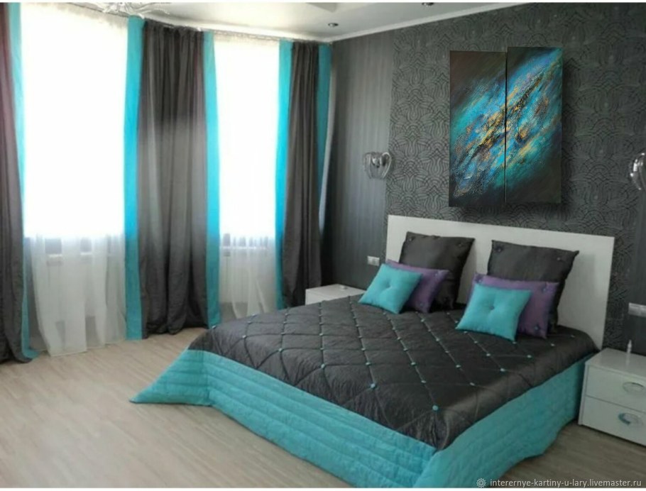 Шторы серо бирюзовые в спальню