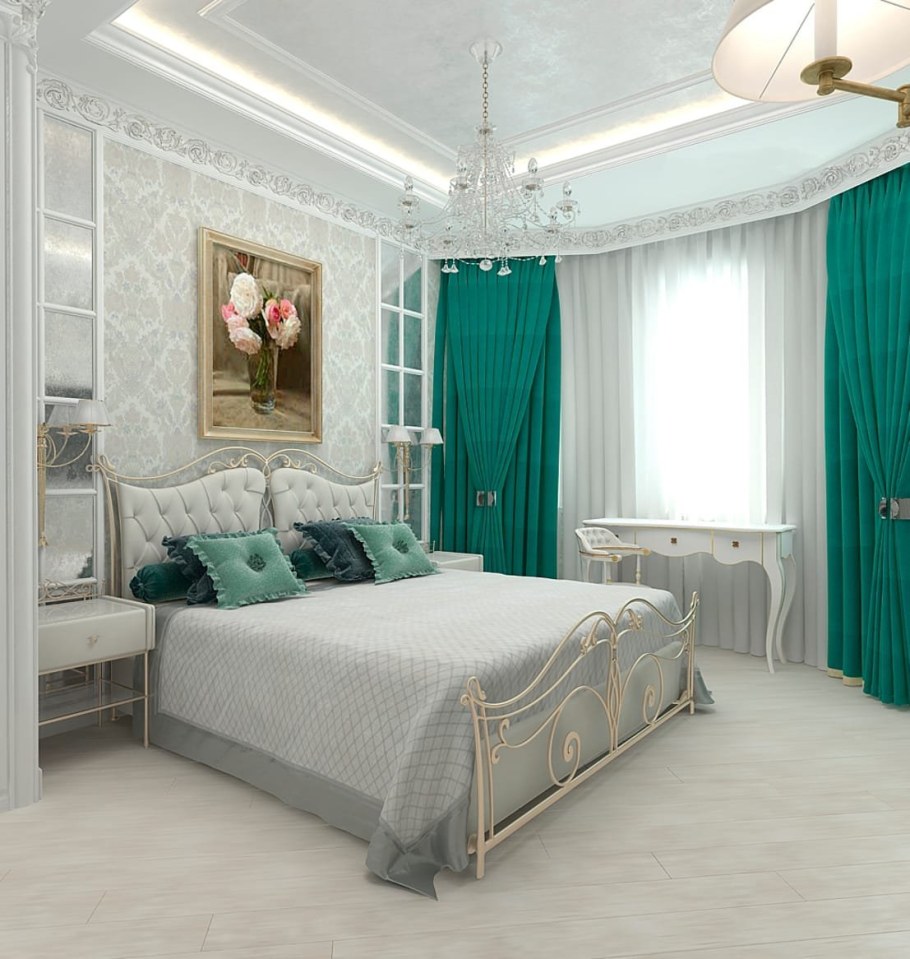 Изумрудные шторы в спальню