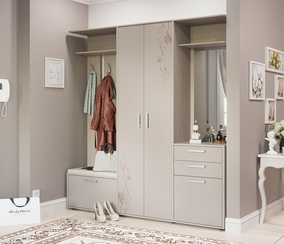 Прихожая стиль-1 правая ясень бежевый-капучино глянец