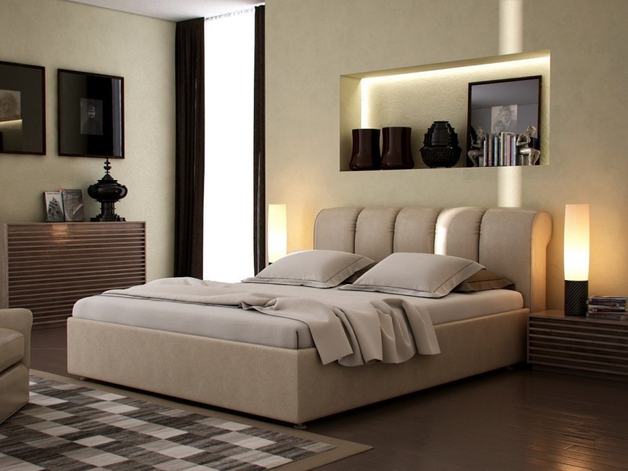 Двухмпальная кровать сл светлосерым изголовьем