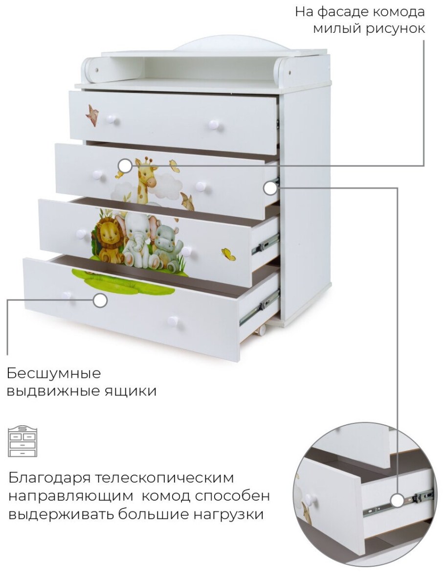 Комод "слоники" 4 ящика (арт. 43) ЛДСП 800/4 (белый+принт) Рант