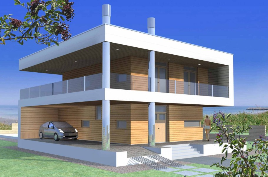 Двухэтажный дом с плоской крышей и навесом