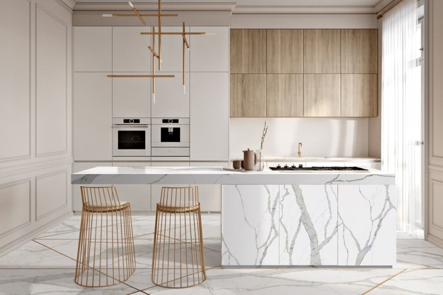 Мрамор в интерьере кухни