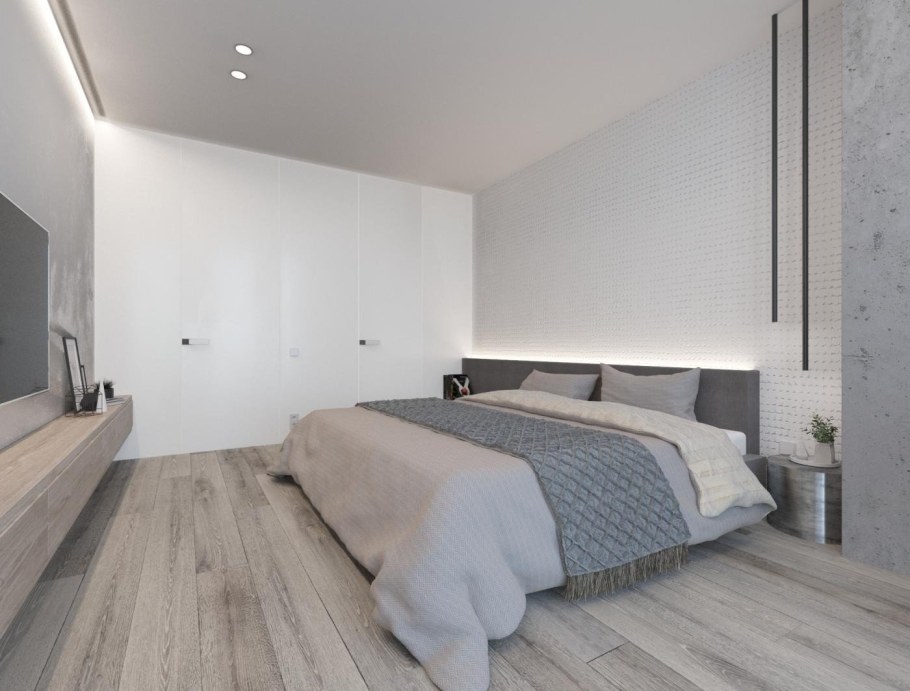 Spalnjaa komnata svetlja v stile Minimalizm