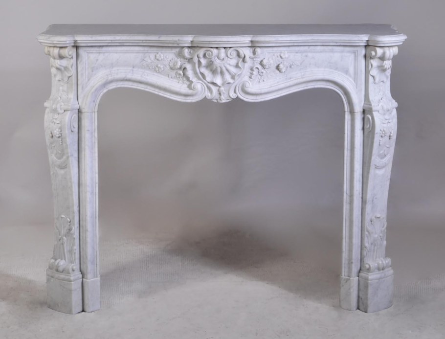Antique White Carrara Marble Rococo Louis XV Fireplace Mantel