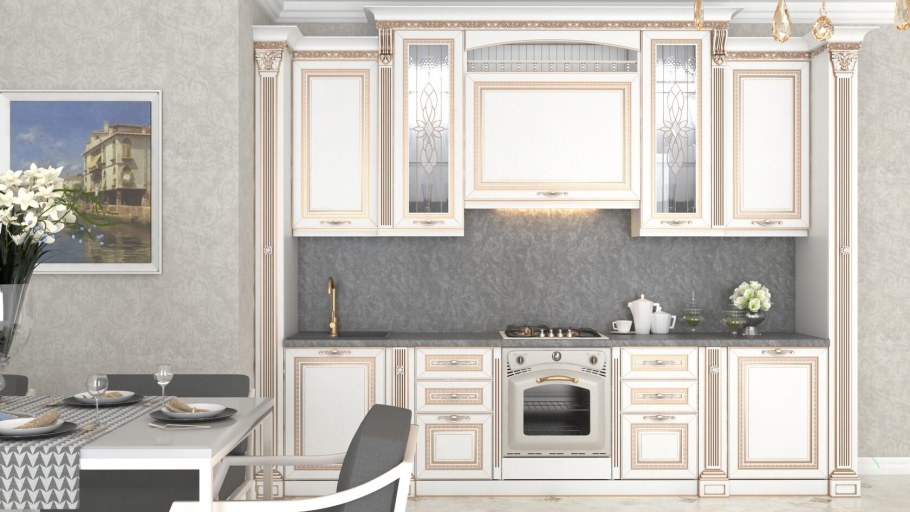 Фасад кухни белый с золотой патиной