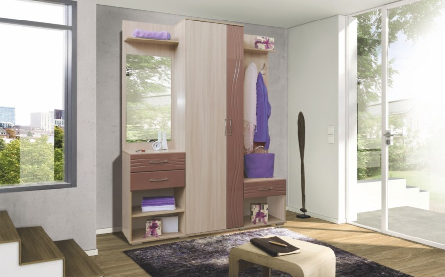 Прихожая стиль-1 правая ясень бежевый-капучино глянец