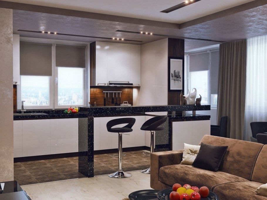 Гостиная столовая с барной стойкой