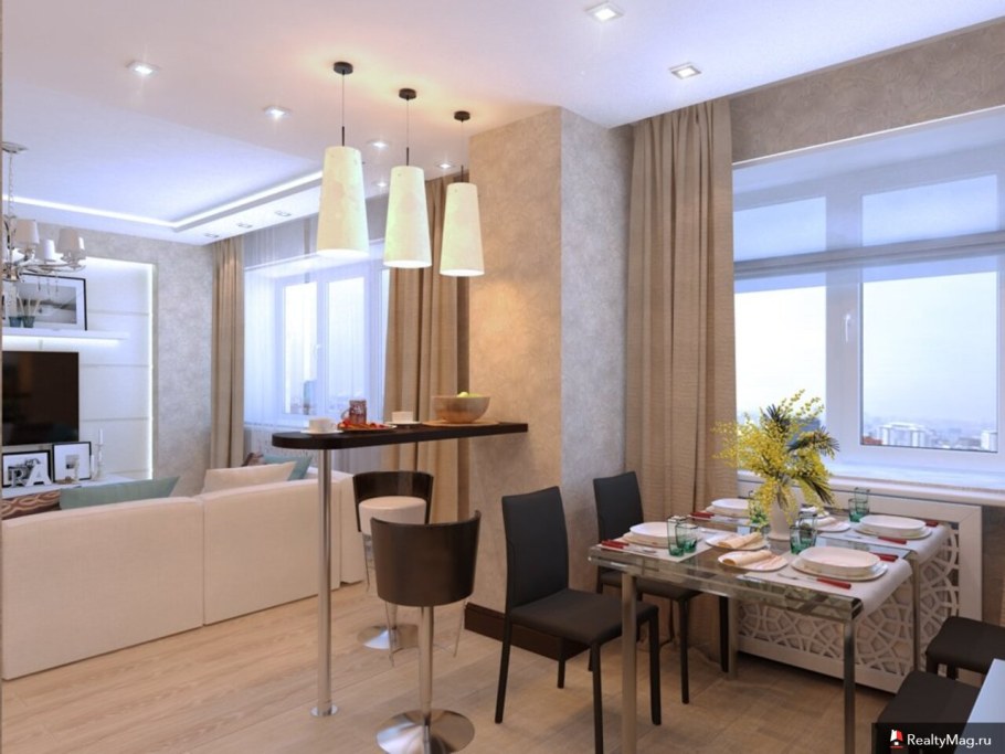 Кухня-гостиная с барной стойкой в современном стиле