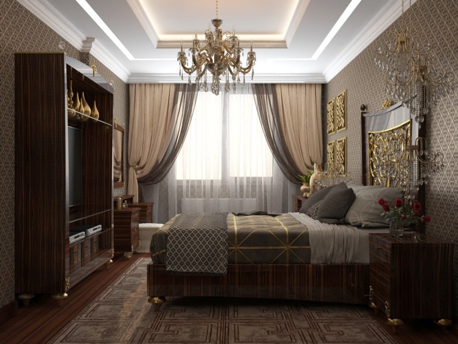Классическая спальня с темной мебелью
