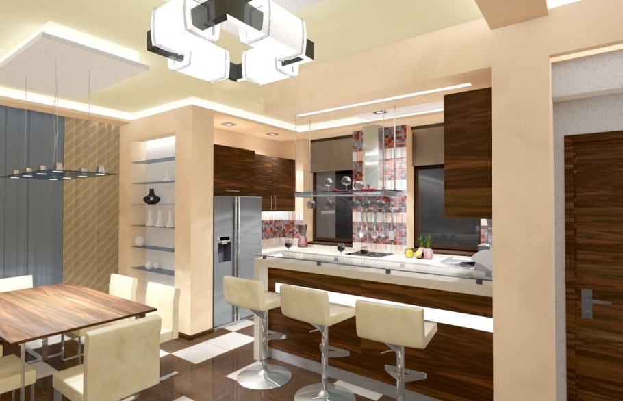 Кухня с барной стойкой и гостиной зоной