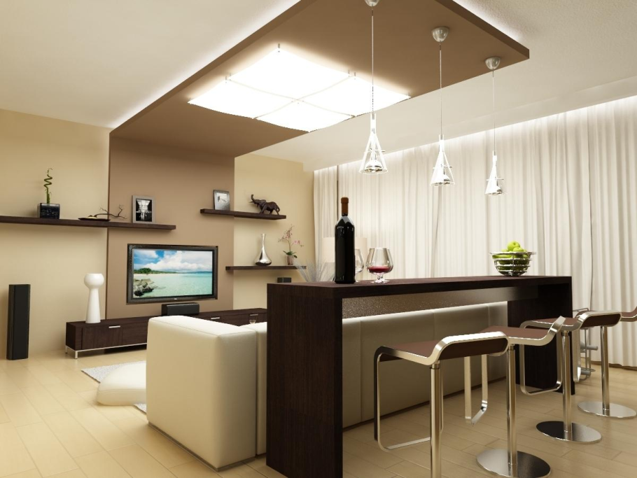 Барная стойка за диваном в гостиной