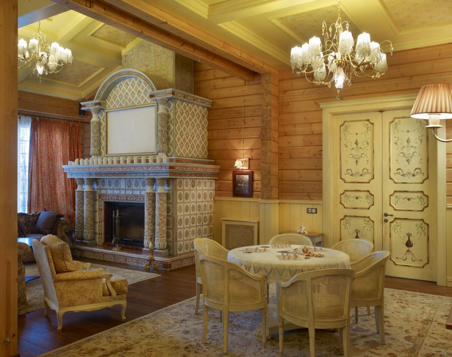 Интерьер в стиле русская усадьба в бревенчатом доме