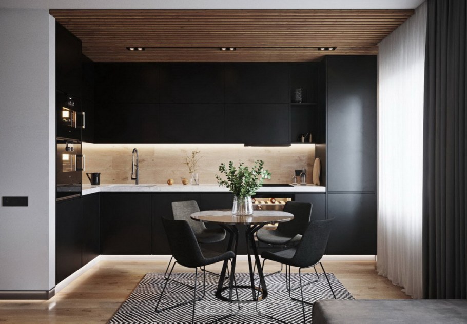 Кухня черная с деревом