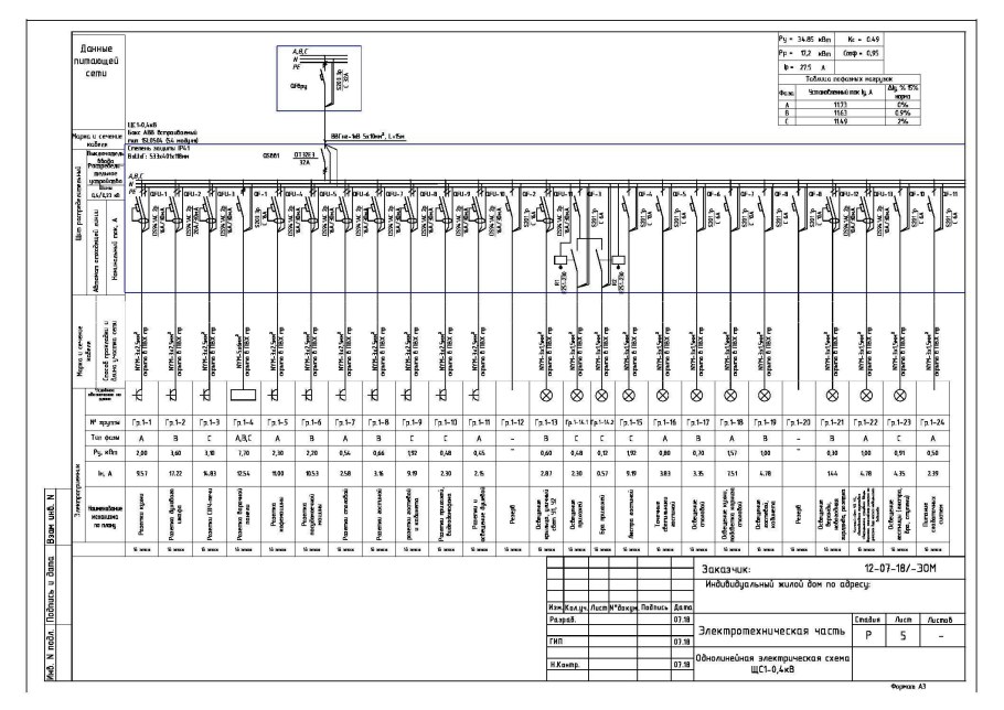 Однолинейная схема электроснабжения дома 15 КВТ
