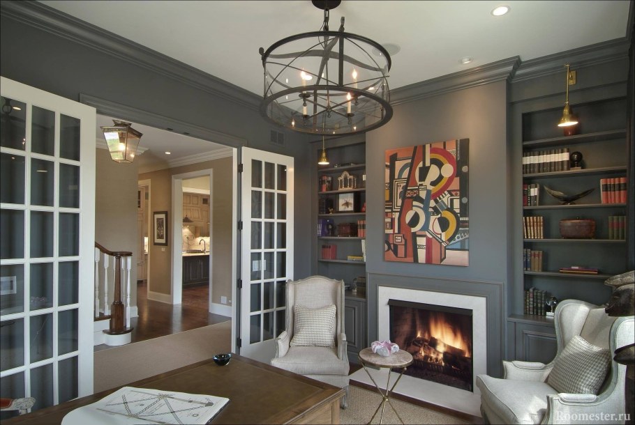 Камин и книжные полки в интерьере