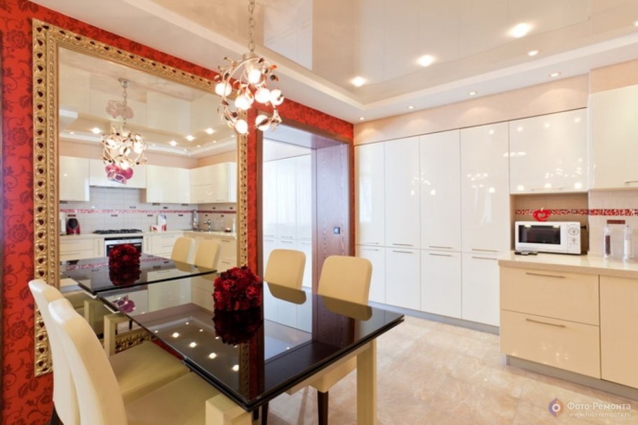 Красивые натяжные потолки для кухни столовой