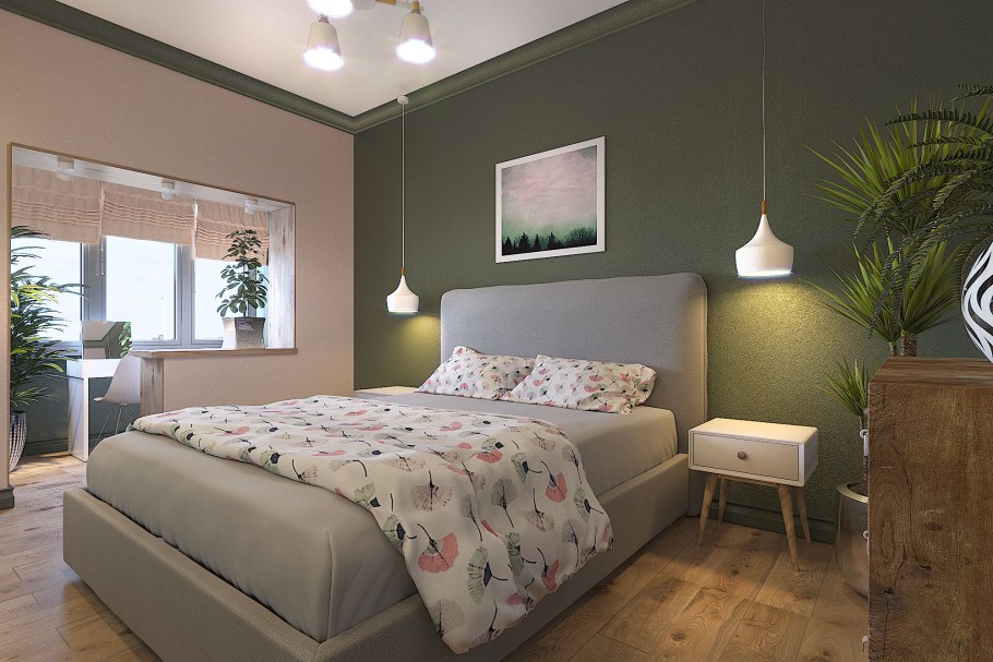 Спальня в зеленовато серых тонах где много мелочей