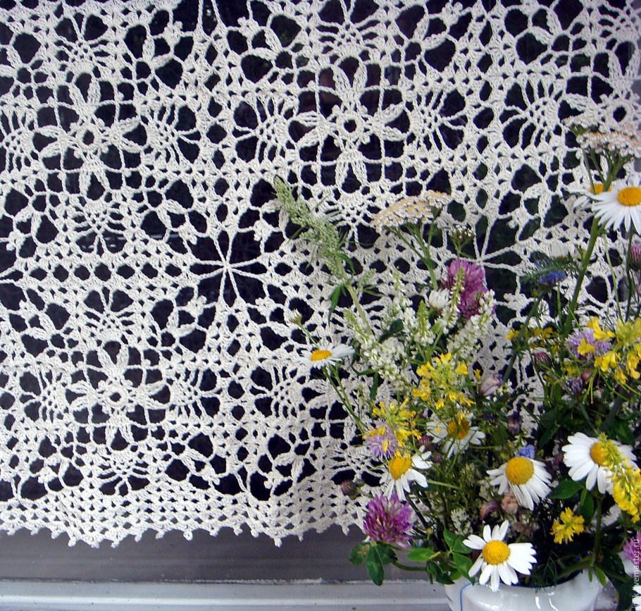 Занавески на кухню крючком из мотивов