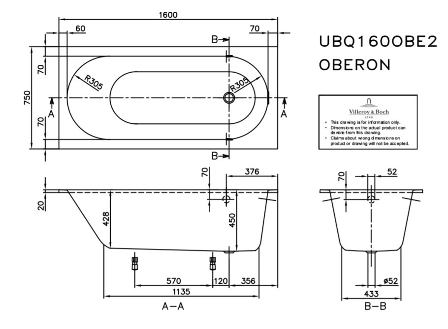 Квариловая ванна Villeroy&Boch Oberon схема