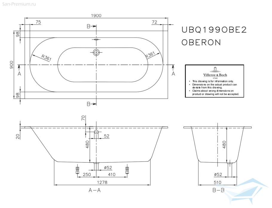 Квариловая ванна Villeroy&Boch Oberon 190x90 ubq199obe2v-01