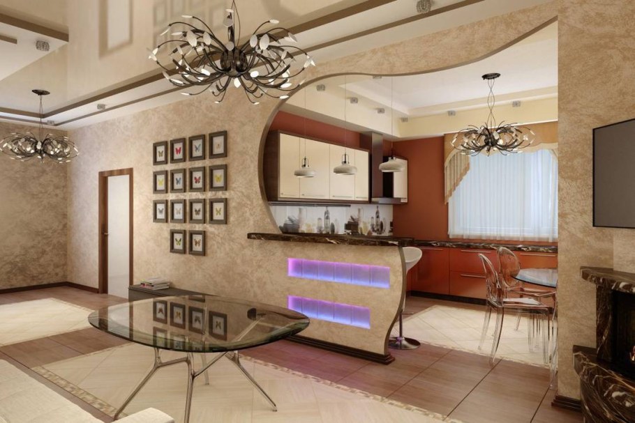 Арка с барной стойкой между кухней и гостиной