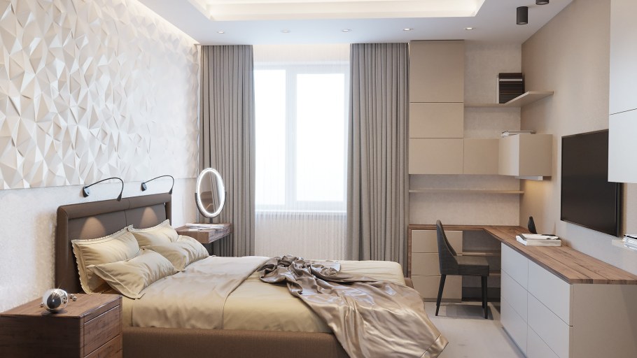 Светлая спальня с рабочим местом