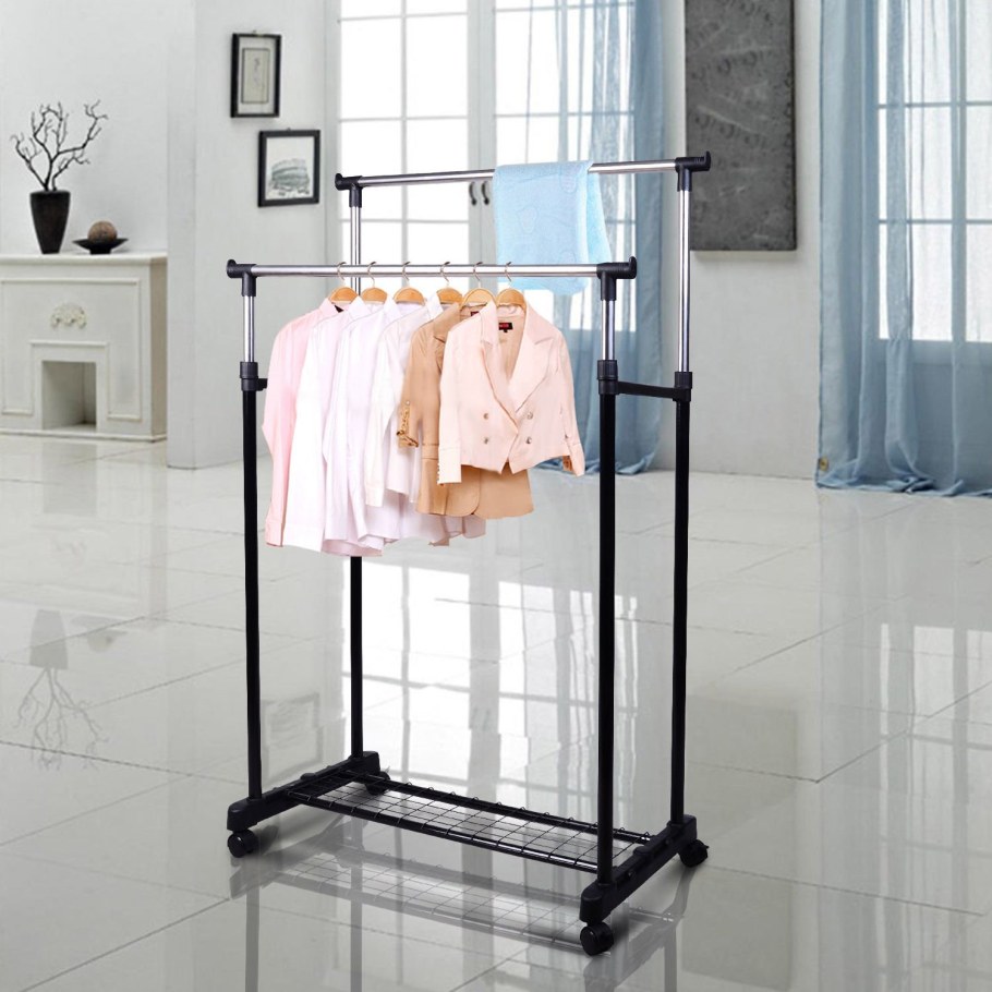 Вешалка напольная gr-03a (2 перекладины, с сеткой внизу), размер: 75*42*90-160см